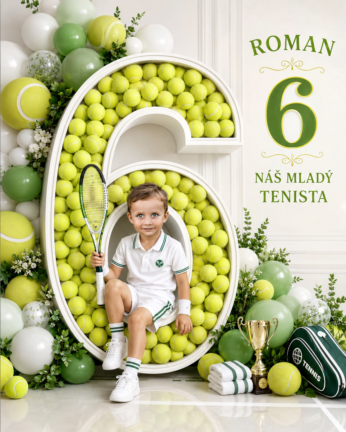 Ukážka detského štýlu Mladý tenista, zeleno-žltá paleta s tenisovými loptičkami