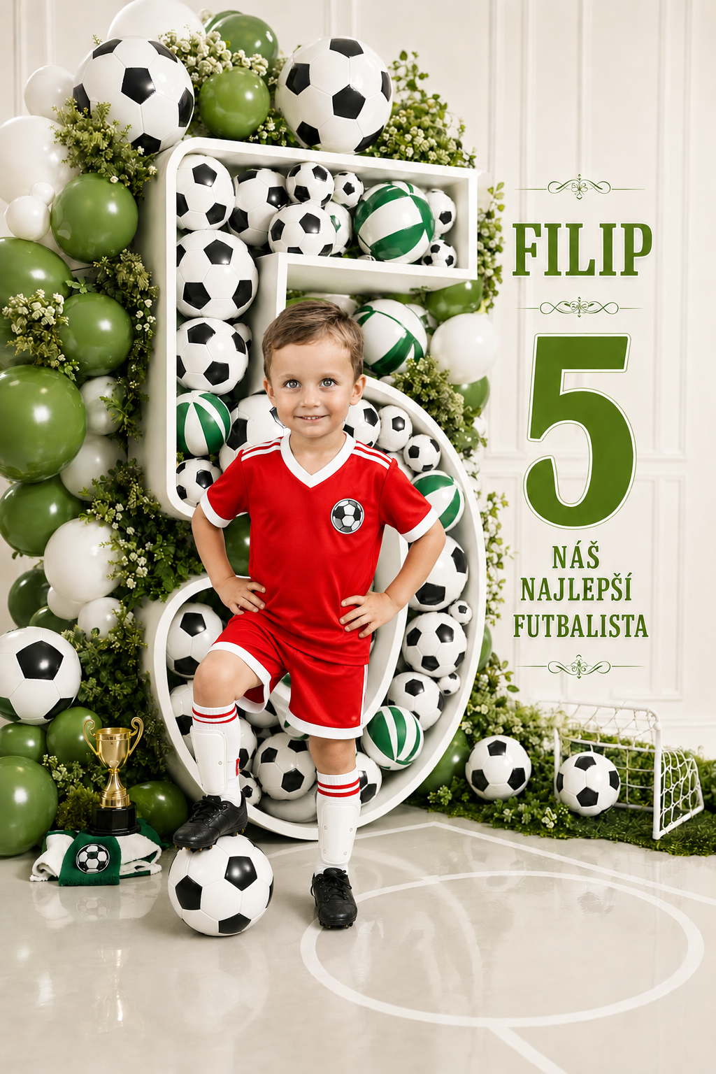 Ukážka detského štýlu Mladý futbalista, zeleno-biela paleta s futbalovými loptami